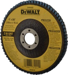 DeWALT - 60 Grit, 4" Disc Diam, 5/8" Center Hole, Type 27 Zirconia Alumina Flap Disc - 15,200 Max RPM, Fiberglass Backing, Arbor Attaching System, Coated - Americas Industrial Supply