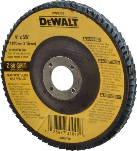 DeWALT - 80 Grit, 4" Disc Diam, 5/8" Center Hole, Type 27 Zirconia Alumina Flap Disc - 15,200 Max RPM, Fiberglass Backing, Arbor Attaching System, Coated - Americas Industrial Supply