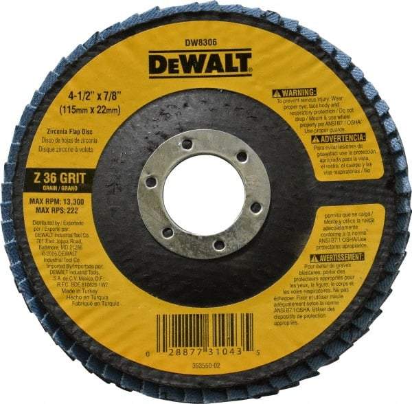 DeWALT - 36 Grit, 4-1/2" Disc Diam, 7/8" Center Hole, Type 29 Zirconia Alumina Flap Disc - 13,300 Max RPM, Fiberglass Backing, Arbor Attaching System, Coated - Americas Industrial Supply