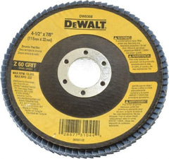 DeWALT - 60 Grit, 4-1/2" Disc Diam, 7/8" Center Hole, Type 29 Zirconia Alumina Flap Disc - 13,300 Max RPM, Fiberglass Backing, Arbor Attaching System, Coated - Americas Industrial Supply