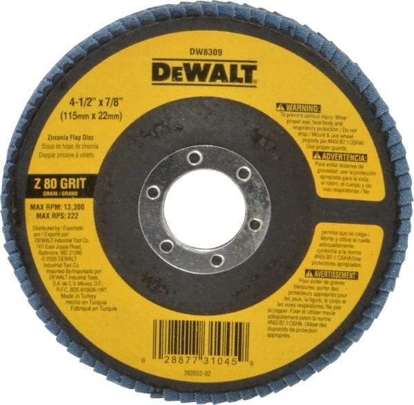 DeWALT - 80 Grit, 4-1/2" Disc Diam, 7/8" Center Hole, Type 29 Zirconia Alumina Flap Disc - 13,300 Max RPM, Fiberglass Backing, Arbor Attaching System, Coated - Americas Industrial Supply