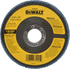 DeWALT - 80 Grit, 4-1/2" Disc Diam, 7/8" Center Hole, Type 29 Zirconia Alumina Flap Disc - 13,300 Max RPM, Fiberglass Backing, Arbor Attaching System, Coated - Americas Industrial Supply