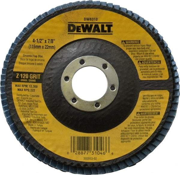 DeWALT - 120 Grit, 4-1/2" Disc Diam, 7/8" Center Hole, Type 29 Zirconia Alumina Flap Disc - 13,300 Max RPM, Fiberglass Backing, Arbor Attaching System, Coated - Americas Industrial Supply