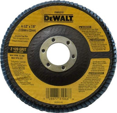 DeWALT - 120 Grit, 4-1/2" Disc Diam, 7/8" Center Hole, Type 29 Zirconia Alumina Flap Disc - 13,300 Max RPM, Fiberglass Backing, Arbor Attaching System, Coated - Americas Industrial Supply
