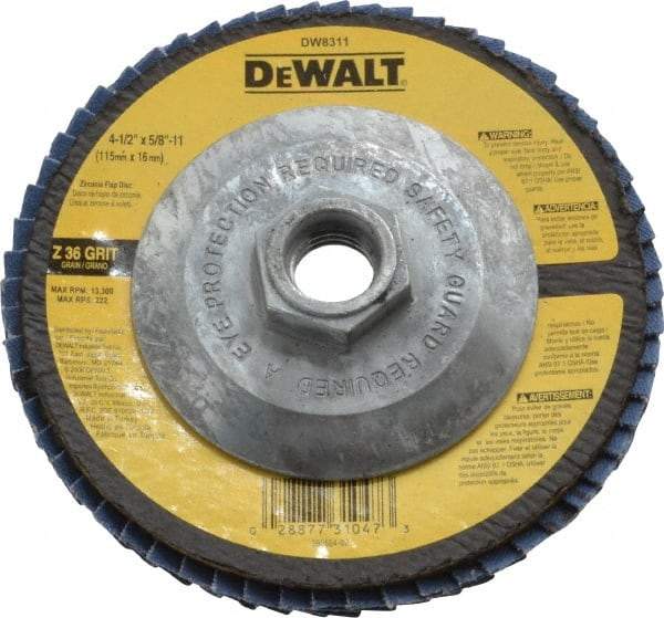 DeWALT - 36 Grit, 4-1/2" Disc Diam, 5/8-11 Center Hole, Type 29 Zirconia Alumina Flap Disc - 13,300 Max RPM, Fiberglass Backing, Arbor Attaching System, Coated - Americas Industrial Supply