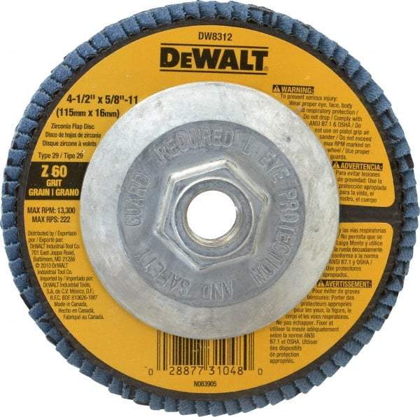 DeWALT - 60 Grit, 4-1/2" Disc Diam, 5/8-11 Center Hole, Type 29 Zirconia Alumina Flap Disc - 13,300 Max RPM, Fiberglass Backing, Arbor Attaching System, Coated - Americas Industrial Supply