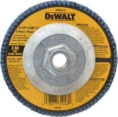DeWALT - 60 Grit, 4-1/2" Disc Diam, 5/8-11 Center Hole, Type 29 Zirconia Alumina Flap Disc - 13,300 Max RPM, Fiberglass Backing, Arbor Attaching System, Coated - Americas Industrial Supply