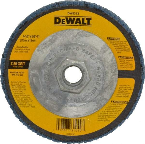 DeWALT - 80 Grit, 4-1/2" Disc Diam, 5/8-11 Center Hole, Type 29 Zirconia Alumina Flap Disc - 13,300 Max RPM, Fiberglass Backing, Arbor Attaching System, Coated - Americas Industrial Supply