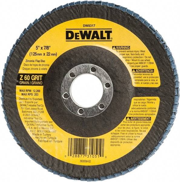 DeWALT - 60 Grit, 5" Disc Diam, 7/8" Center Hole, Type 29 Zirconia Alumina Flap Disc - 12,200 Max RPM, Fiberglass Backing, Arbor Attaching System, Coated - Americas Industrial Supply