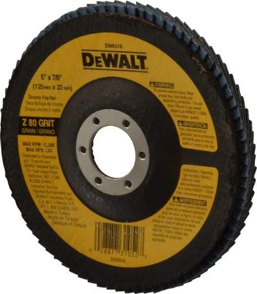 DeWALT - 80 Grit, 5" Disc Diam, 7/8" Center Hole, Type 29 Zirconia Alumina Flap Disc - 12,200 Max RPM, Fiberglass Backing, Arbor Attaching System, Coated - Americas Industrial Supply