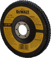 DeWALT - 80 Grit, 5" Disc Diam, 7/8" Center Hole, Type 29 Zirconia Alumina Flap Disc - 12,200 Max RPM, Fiberglass Backing, Arbor Attaching System, Coated - Americas Industrial Supply