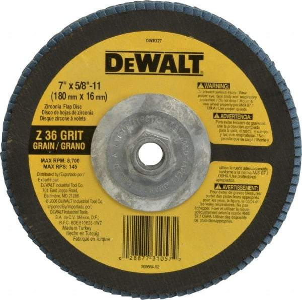DeWALT - 36 Grit, 7" Disc Diam, 5/8-11 Center Hole, Type 29 Zirconia Alumina Flap Disc - 8,700 Max RPM, Fiberglass Backing, Arbor Attaching System, Coated - Americas Industrial Supply