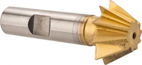 Made in USA - 1" Diam x 7/16" Width of Cut, 60° Included Angle, Shank Connection, High Speed Steel Single Angle Cutter - 1/2" Shank Diam, 2-1/2" Overall Length, Right Hand Cut, TiN Coated - Americas Industrial Supply