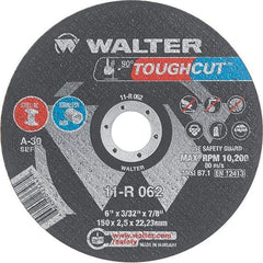 WALTER Surface Technologies - 6" 30 Grit Aluminum Oxide Cutoff Wheel - 3/32" Thick, 7/8" Arbor, 10,200 Max RPM, Use with Angle Grinders - Americas Industrial Supply