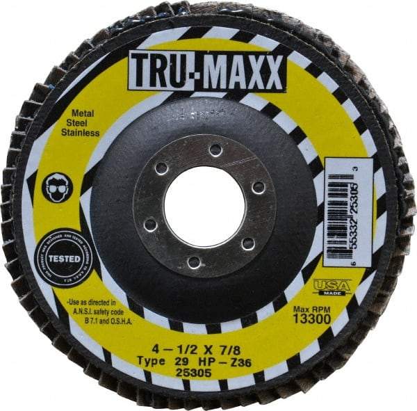 Tru-Maxx - 36 Grit, 4-1/2" Disc Diam, 7/8" Center Hole, Type 29 Zirconia Alumina Flap Disc - 13,300 Max RPM, Arbor Attaching System, Coated - Americas Industrial Supply