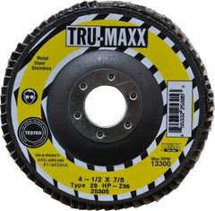 Tru-Maxx - 36 Grit, 4-1/2" Disc Diam, 7/8" Center Hole, Type 29 Zirconia Alumina Flap Disc - 13,300 Max RPM, Arbor Attaching System, Coated - Americas Industrial Supply