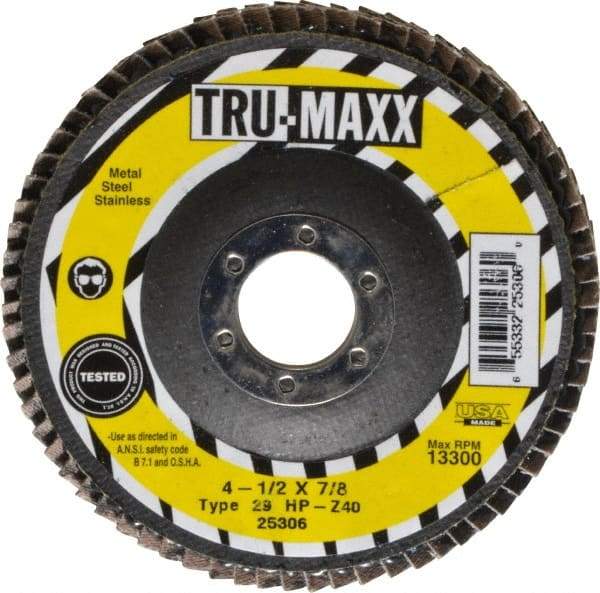 Tru-Maxx - 40 Grit, 4-1/2" Disc Diam, 7/8" Center Hole, Type 29 Zirconia Alumina Flap Disc - 13,300 Max RPM, Arbor Attaching System, Coated - Americas Industrial Supply