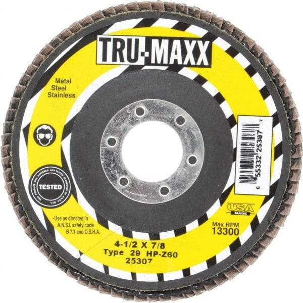 Tru-Maxx - 60 Grit, 4-1/2" Disc Diam, 7/8" Center Hole, Type 29 Zirconia Alumina Flap Disc - 13,300 Max RPM, Arbor Attaching System, Coated - Americas Industrial Supply