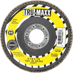Tru-Maxx - 60 Grit, 4-1/2" Disc Diam, 7/8" Center Hole, Type 29 Zirconia Alumina Flap Disc - 13,300 Max RPM, Arbor Attaching System, Coated - Americas Industrial Supply