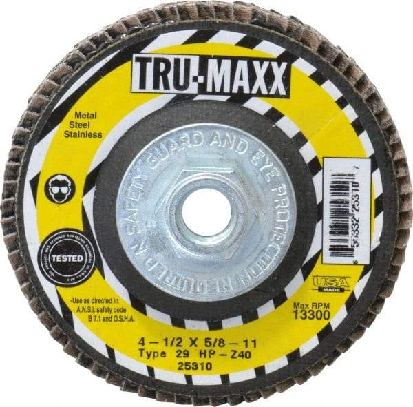 Tru-Maxx - 40 Grit, 4-1/2" Disc Diam, 5/8-11 Center Hole, Type 29 Zirconia Alumina Flap Disc - 13,300 Max RPM, Arbor Attaching System, Coated - Americas Industrial Supply
