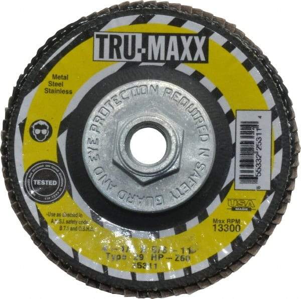 Tru-Maxx - 60 Grit, 4-1/2" Disc Diam, 5/8-11 Center Hole, Type 29 Zirconia Alumina Flap Disc - 13,300 Max RPM, Arbor Attaching System, Coated - Americas Industrial Supply