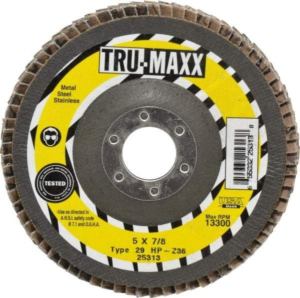 Tru-Maxx - 36 Grit, 5" Disc Diam, 7/8" Center Hole, Type 29 Zirconia Alumina Flap Disc - 12,200 Max RPM, Arbor Attaching System, Coated - Americas Industrial Supply