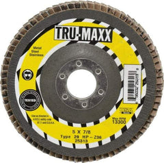 Tru-Maxx - 36 Grit, 5" Disc Diam, 7/8" Center Hole, Type 29 Zirconia Alumina Flap Disc - 12,200 Max RPM, Arbor Attaching System, Coated - Americas Industrial Supply