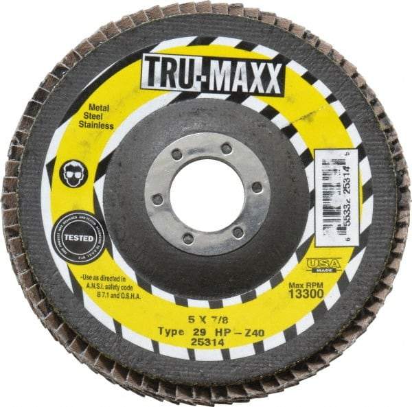 Tru-Maxx - 40 Grit, 5" Disc Diam, 7/8" Center Hole, Type 29 Zirconia Alumina Flap Disc - 12,200 Max RPM, Arbor Attaching System, Coated - Americas Industrial Supply