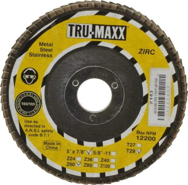 Tru-Maxx - 60 Grit, 5" Disc Diam, 7/8" Center Hole, Type 29 Zirconia Alumina Flap Disc - 12,200 Max RPM, Arbor Attaching System, Coated - Americas Industrial Supply