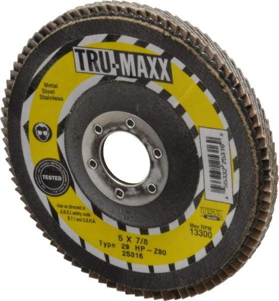 Tru-Maxx - 80 Grit, 5" Disc Diam, 7/8" Center Hole, Type 29 Zirconia Alumina Flap Disc - 12,200 Max RPM, Arbor Attaching System, Coated - Americas Industrial Supply