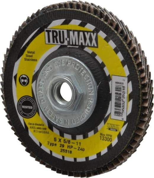 Tru-Maxx - 40 Grit, 5" Disc Diam, 5/8-11 Center Hole, Type 29 Zirconia Alumina Flap Disc - 12,200 Max RPM, Arbor Attaching System, Coated - Americas Industrial Supply
