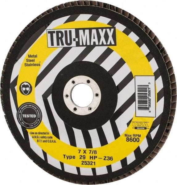 Tru-Maxx - 36 Grit, 7" Disc Diam, 7/8" Center Hole, Type 29 Zirconia Alumina Flap Disc - 8,600 Max RPM, Arbor Attaching System, Coated - Americas Industrial Supply