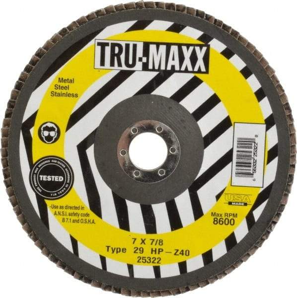 Tru-Maxx - 40 Grit, 7" Disc Diam, 7/8" Center Hole, Type 29 Zirconia Alumina Flap Disc - 8,600 Max RPM, Arbor Attaching System, Coated - Americas Industrial Supply