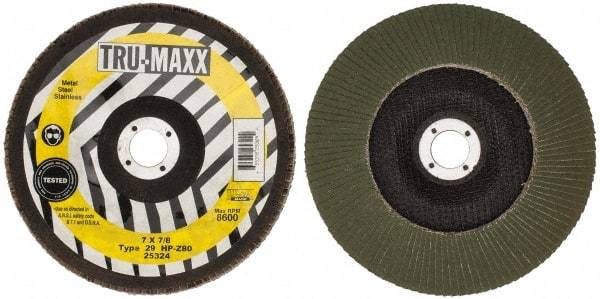 Tru-Maxx - 80 Grit, 7" Disc Diam, 7/8" Center Hole, Type 29 Zirconia Alumina Flap Disc - 8,600 Max RPM, Arbor Attaching System, Coated - Americas Industrial Supply