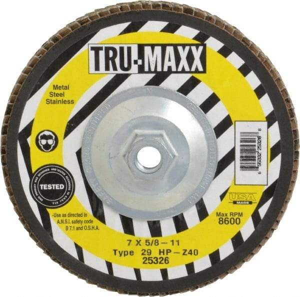 Tru-Maxx - 40 Grit, 7" Disc Diam, 5/8-11 Center Hole, Type 29 Zirconia Alumina Flap Disc - 8,600 Max RPM, Arbor Attaching System, Coated - Americas Industrial Supply