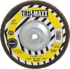 Tru-Maxx - 40 Grit, 7" Disc Diam, 5/8-11 Center Hole, Type 29 Zirconia Alumina Flap Disc - 8,600 Max RPM, Arbor Attaching System, Coated - Americas Industrial Supply