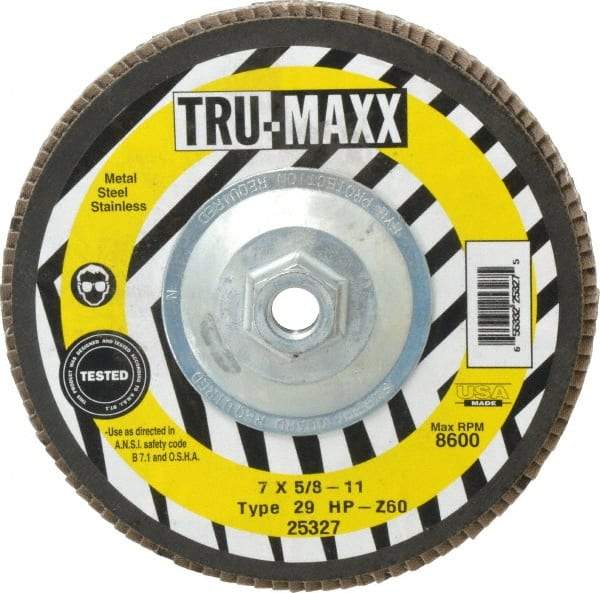 Tru-Maxx - 60 Grit, 7" Disc Diam, 5/8-11 Center Hole, Type 29 Zirconia Alumina Flap Disc - 8,600 Max RPM, Arbor Attaching System, Coated - Americas Industrial Supply