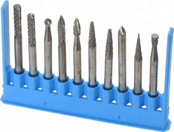 Made in USA - 10 Piece, 1/8" Shank Burr Set - Tungsten Carbide - Americas Industrial Supply