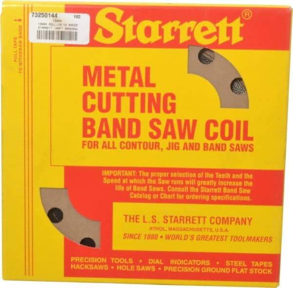 Starrett - 1/8" x 100' x 0.025" Carbon Steel Band Saw Blade Coil Stock - 14 TPI, Toothed Edge, Straight Form, Raker Set, Flexible Back, No Rake Angle, Constant Pitch, Contour Cutting - Americas Industrial Supply