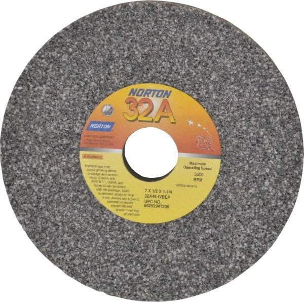 Norton - 7" Diam x 1-1/4" Hole x 1/2" Thick, I Hardness, 46 Grit Surface Grinding Wheel - Aluminum Oxide, Type 1, Coarse Grade, 3,600 Max RPM, Vitrified Bond, No Recess - Americas Industrial Supply