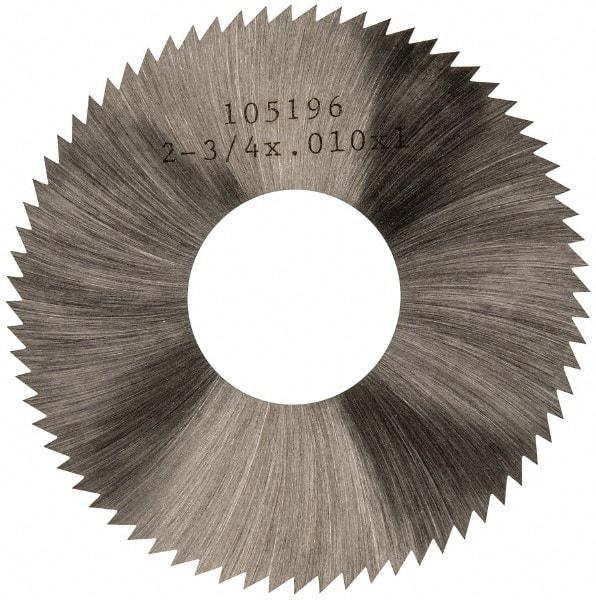 Made in USA - 2-3/4" Diam x 0.01" Blade Thickness x 1" Arbor Hole Diam, 72 Tooth Slitting and Slotting Saw - Arbor Connection, Right Hand, Uncoated, High Speed Steel, Concave Ground, Contains Keyway - Americas Industrial Supply