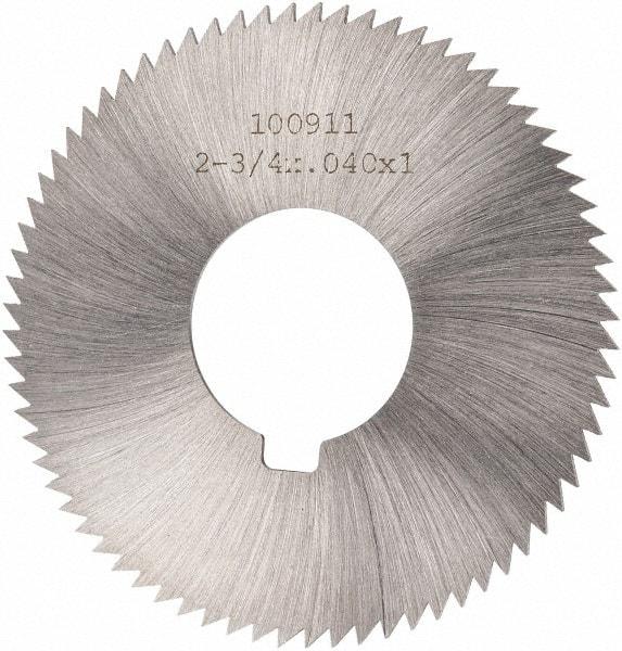 Made in USA - 2-3/4" Diam x 0.04" Blade Thickness x 1" Arbor Hole Diam, 72 Tooth Slitting and Slotting Saw - Arbor Connection, Right Hand, Uncoated, High Speed Steel, Concave Ground, Contains Keyway - Americas Industrial Supply