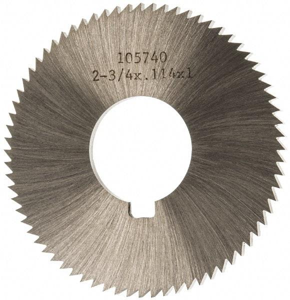 Made in USA - 2-3/4" Diam x 0.114" Blade Thickness x 1" Arbor Hole Diam, 72 Tooth Slitting and Slotting Saw - Arbor Connection, Right Hand, Uncoated, High Speed Steel, Concave Ground, Contains Keyway - Americas Industrial Supply