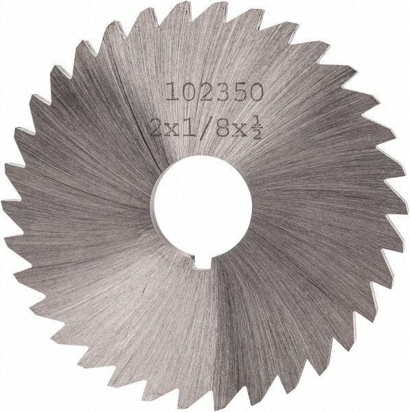 Made in USA - 2" Diam x 1/8" Blade Thickness x 1/2" Arbor Hole Diam, 34 Tooth Slitting and Slotting Saw - Arbor Connection, Right Hand, Uncoated, High Speed Steel, Concave Ground, Contains Keyway - Americas Industrial Supply