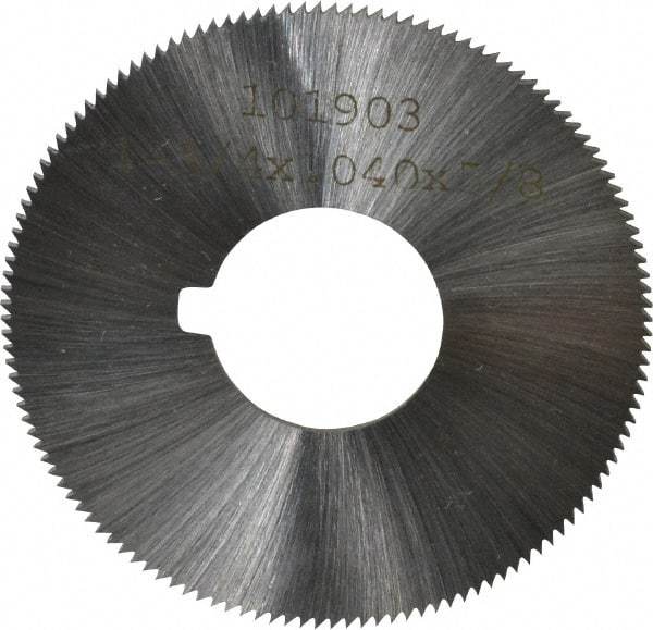 Made in USA - 1-3/4" Diam x 0.04" Blade Thickness x 5/8" Arbor Hole Diam, 132 Tooth Slitting and Slotting Saw - Arbor Connection, Right Hand, Uncoated, High Speed Steel, Concave Ground, Contains Keyway - Americas Industrial Supply