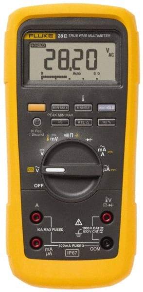 Fluke - 28-II, CAT IV, CAT III, 1,000 VAC/VDC, Digital True RMS Auto Ranging Manual Ranging Multimeter - 50 mOhm, Measures Voltage, Capacitance, Current, Frequency, Resistance, Temperature - Americas Industrial Supply