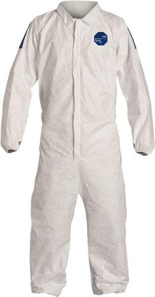 Dupont - Size M Film Laminate General Purpose Coveralls - White/Blue, Zipper Closure, Elastic Cuffs, Elastic Ankles, Serged Seams, Hazard Level D & C - Americas Industrial Supply