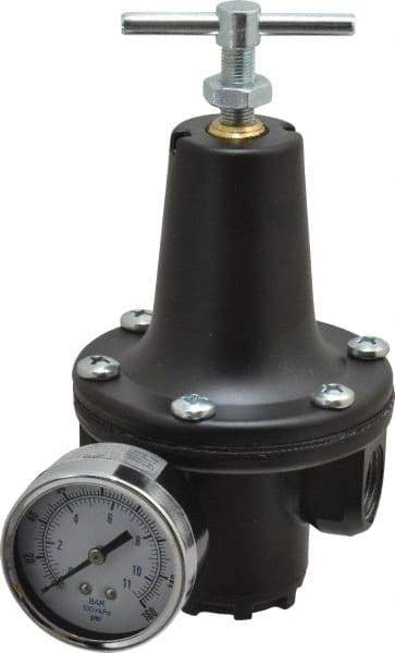 Parker - 1/2 NPT Port, 300 CFM, Zinc Heavy-Duty T-Handle Regulator - 2 to 125 psi Range, 300 Max psi Supply Pressure, 1/4" Gauge Port Thread, 3-1/2" Wide x 6-3/4" High - Americas Industrial Supply