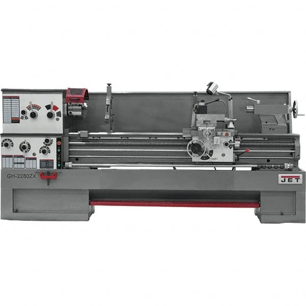 Jet - 22" Swing, 80" Between Centers, 230 Volt, Triple Phase Engine Lathe - 7MT Taper, 10 hp, 25 to 1,800 RPM, 3-1/8" Bore Diam, 40" Deep x 49" High x 136" Long - Americas Industrial Supply