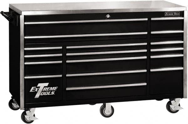 EXTREME TOOLS - 17 Drawer Steel Tool Roller Cabinet - 72" Wide x 46-3/4" High x 30" Deep, Ball Bearing Drawer Slides, Black - Americas Industrial Supply